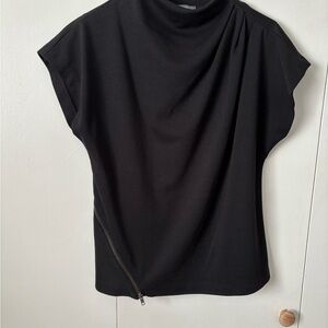 Draped Black Short Sleeve Top with Zipper Detail